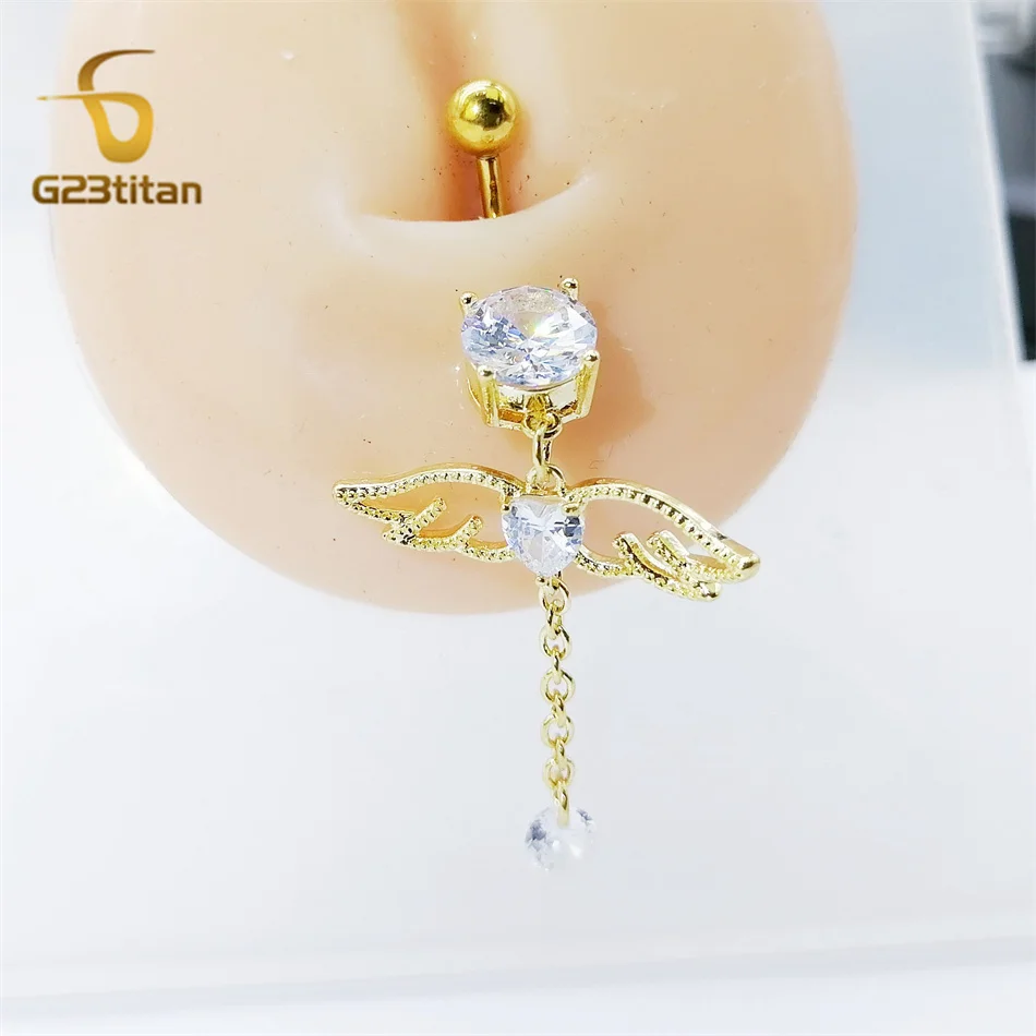 G23Titan تشيكوسلوفاكيا الزركون القلب الملاك الجناح البطن الدائري 14 جرام التيتانيوم منحني الحديد طويل شرابة السرة القرط النساء هيئة ثقب المجوهرات #2