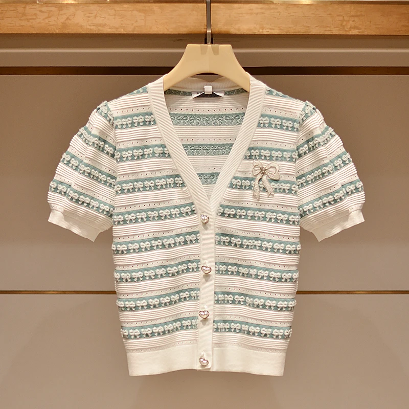 

Женский вязаный топ с V-образным вырезом и рукавами-фонариками, с вышивкой в полоску, модный, приталенный, для повседневной носки, стандартной длины