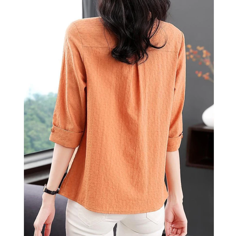 Womens Clothing Hollow Lace Patchwork Elegant Office Lady Shirt Korean Fashion V Neck Half Sleeve Blouse Solid Loose Cotton Tops