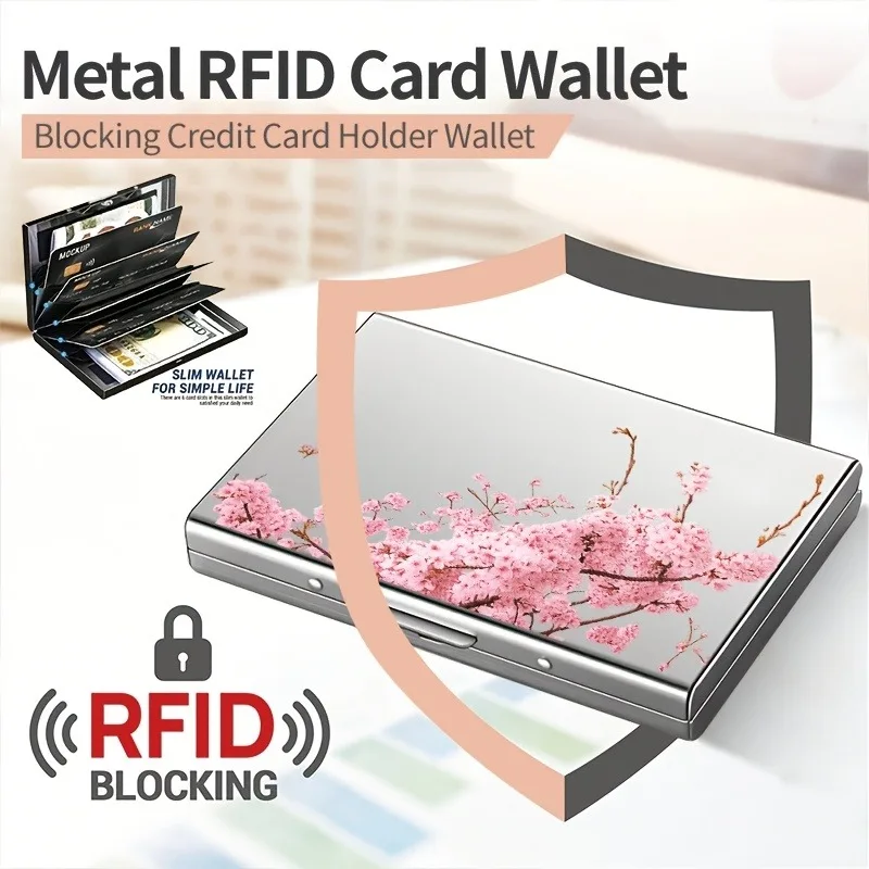RFID-Diebstahlschutz-Metallkartenhalter mit Muster eines rosa Kirschblütenzweigs für Damen und Herren, sichere und stilvolle Kartenlagerung – Detail 4
