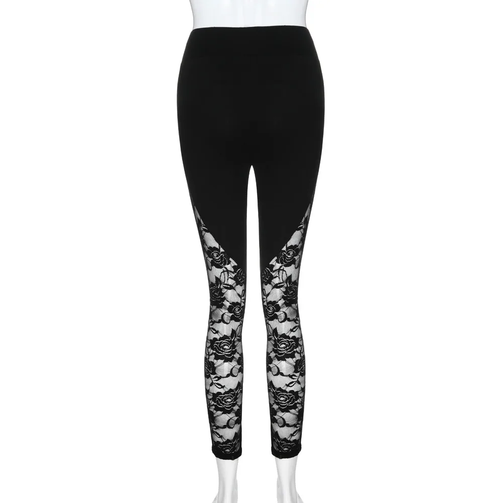 Pantalones de cintura alta con encaje Floral para mujer, Leggings negros recortados con Panel lateral, ropa Sexy adelgazante de Color sólido, 2024