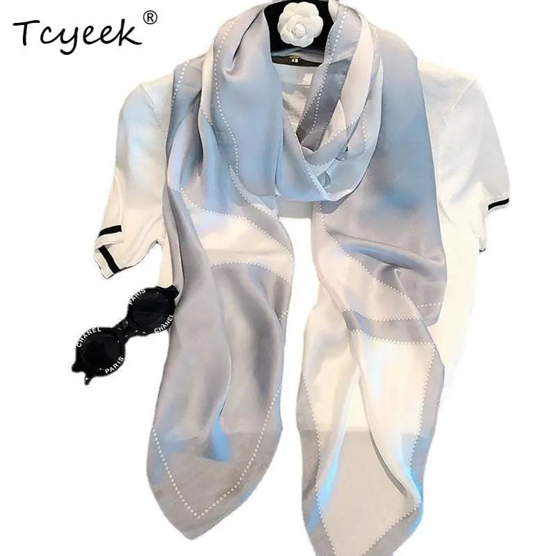 

Tcyeek 9MM 100%Mulberry Silk Printing Scarf 2024 Spring Autumn New Women Gifts Long Beach Towels All-match A3D7106QM