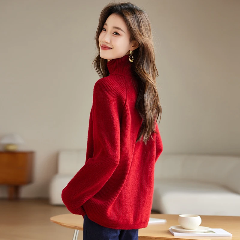 Ladies Fashion Zipper Decoration Jumper Autumn Winter New Year Red Color Sweater Turtleneck Thickened Knit Clothing Pullovers