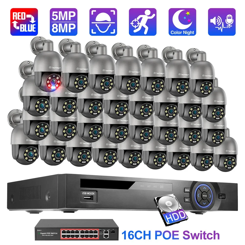 

Techage 36CH 4K 5MP 8MP POE PTZ Camera System Smart Ai Human Detected Two-way Audio Color Night H.26S Security Surveillance Kits