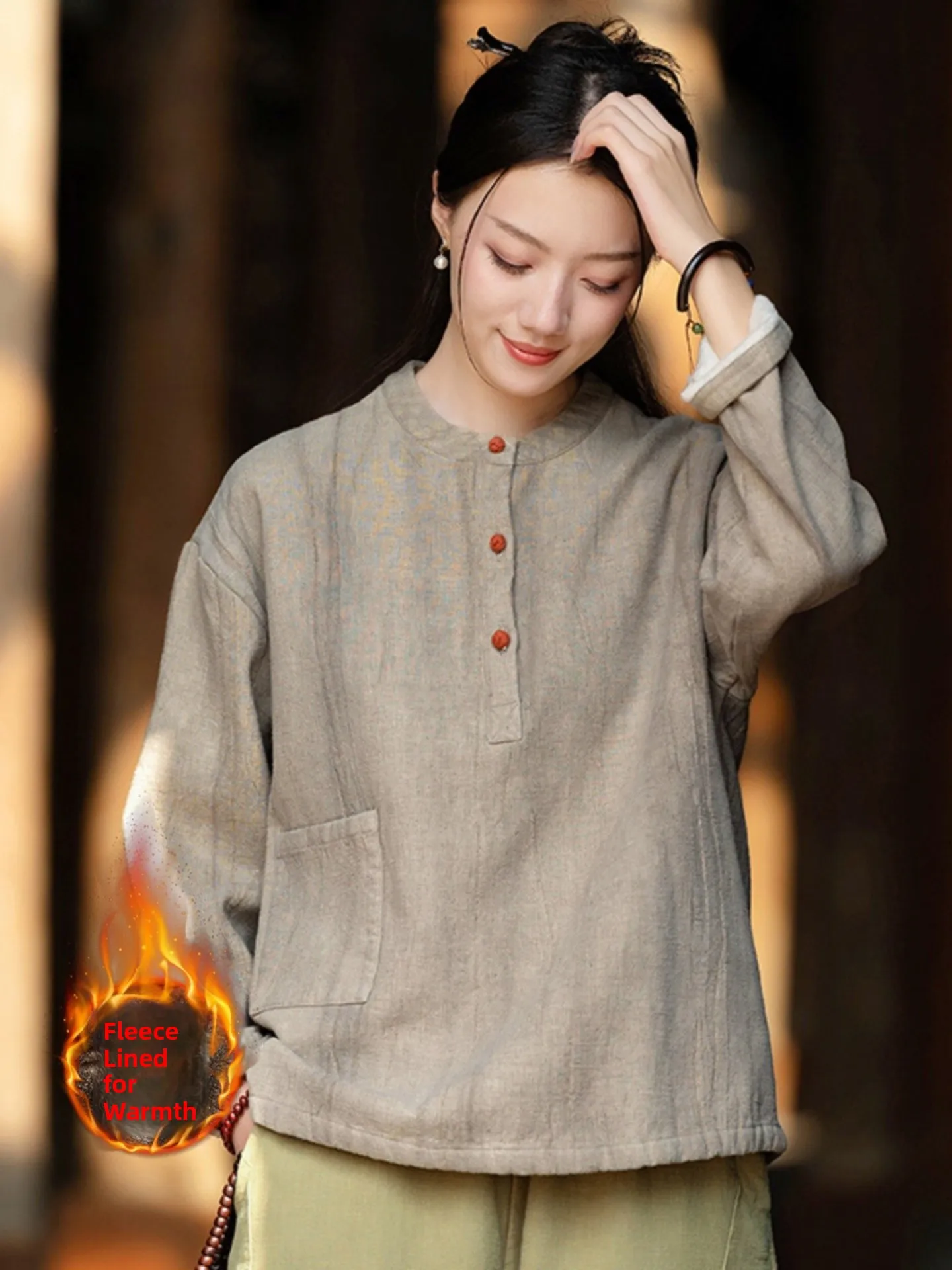 Women's Cotton Linen Shirt Thickened Fleece Inner Autumn Winter New Style Traditional Chinese Style Button up Headwear Outerwear