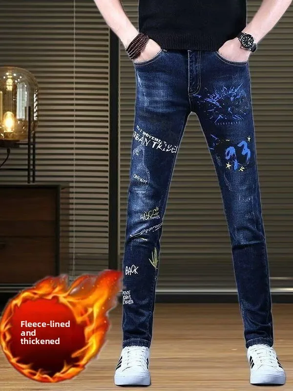 

Мужские джинсы на подкладке Thiened на осень-зиму, эластичные повседневные длинные брюки, модная брендовая молодежная одежда, облегающий крой