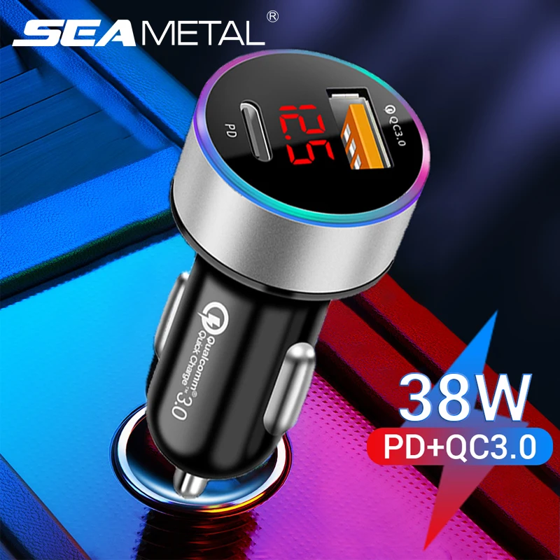 SEAMETAL 38W Car Charger PD+USB QC3.0 Quick Charging Phone Charger 12V -24V Cigarette Lighter Socket with LED Voltmeter Display