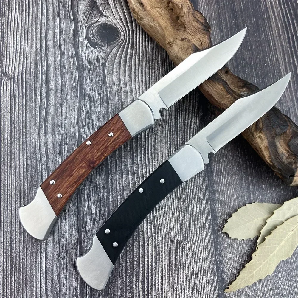 BK 110 Tactical Pocket Folding Knife D2 Blade G10/Wooden Handle Outdoor Camping Knives Tactical EDC Tool with Leather Sheath