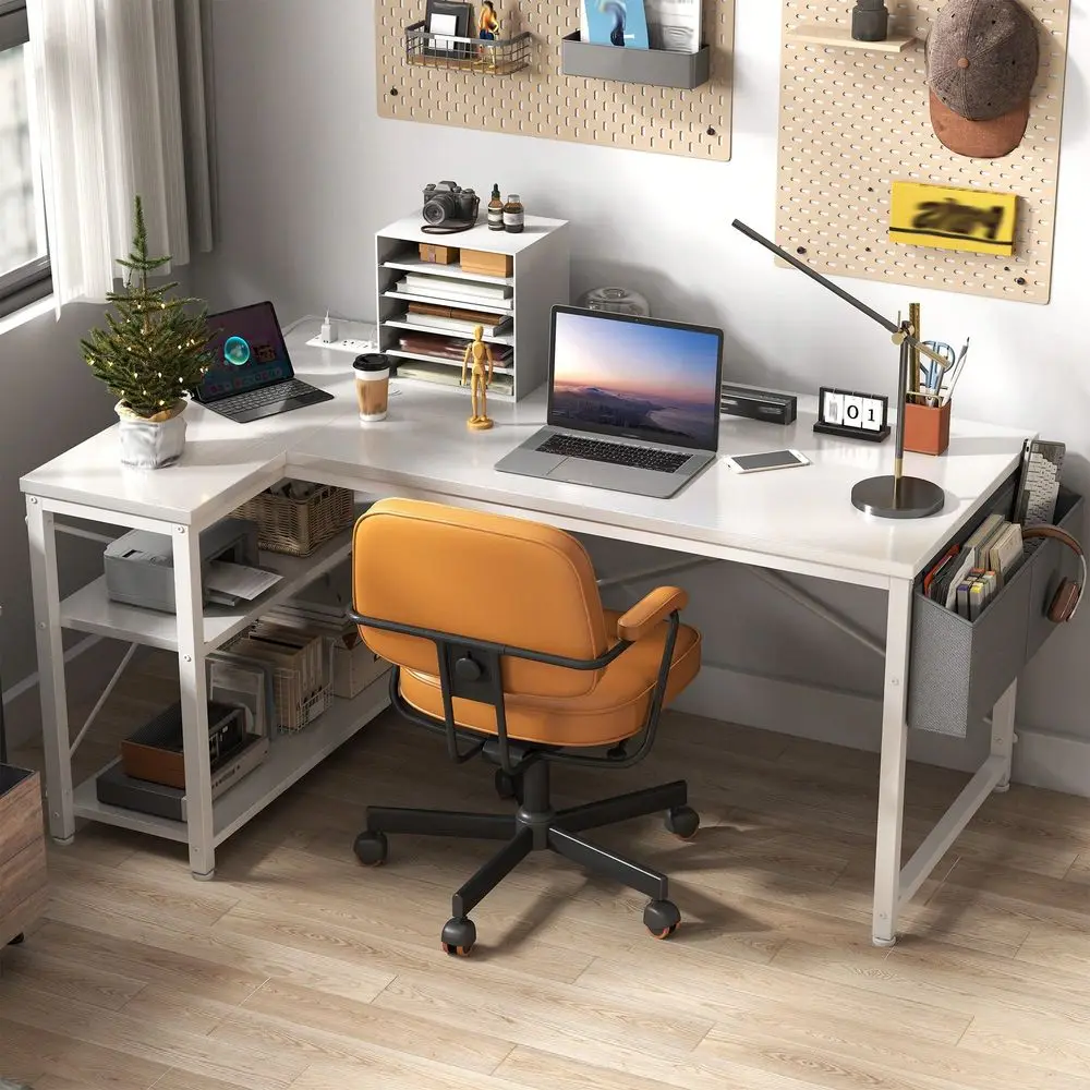 

Gaming Desk With BuiltIn Power Outlets , 40 Small Office Desk With XBrace Support Storage Shelves For Bedroom, White