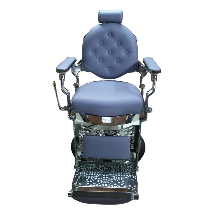 Antique Luxury Blue Reclining Barber Chair Adjus Hydraulic Salon Barber Chair for Men Barbershop Hair Salon