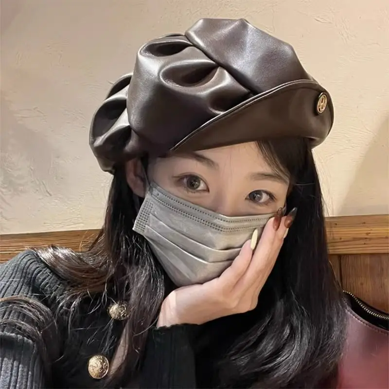 

Korean Style Wrinkled Leather Beret Black Vintage Painter Hat for Women Designer Inspired Adjustable Unisex Cap