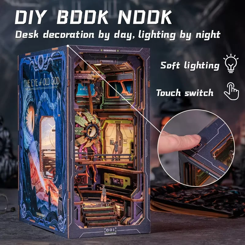 CUTEBEE DIY Book Nook Wooden Dollhouse with Light Dust Cover Bookshelf Insert 3D Puzzle Decor for Gift The Eye of Old God