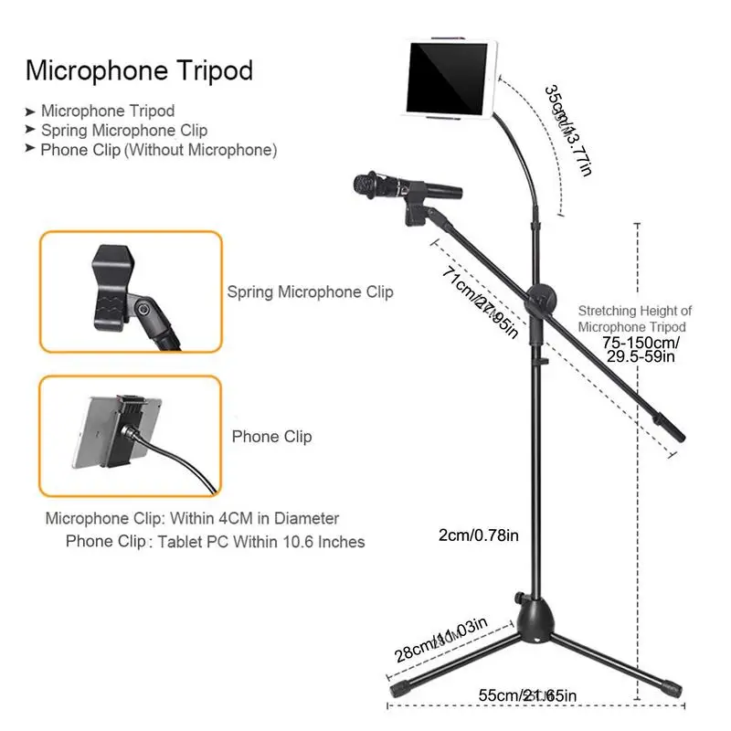 Floor Microphone Tripod Stand Holder With Phone Holder 2-in-1 Floor Mic Phone Holder Height Adjustable Rotating Mic Support