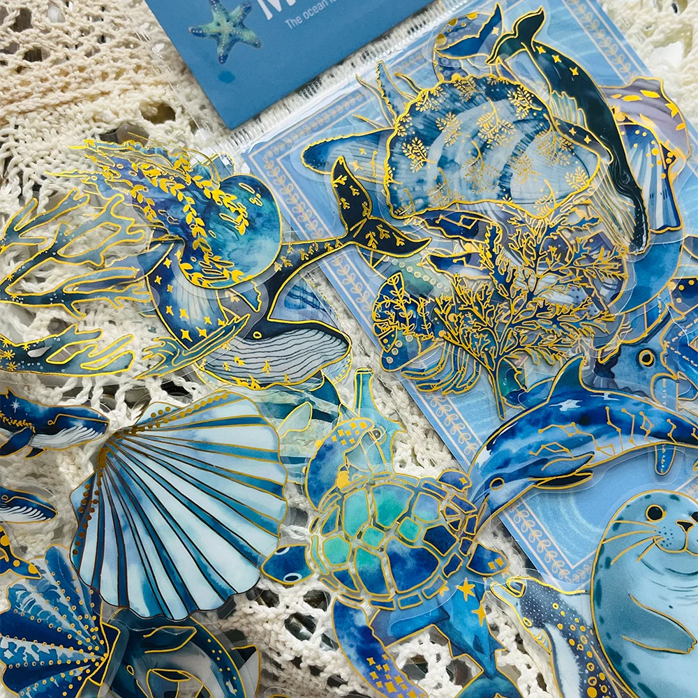 50pcs Marine Creature Stickers with Gold Foil Accents Notebook Scrapbook Journal Decorations Water Bottle Guitar DIY Decals