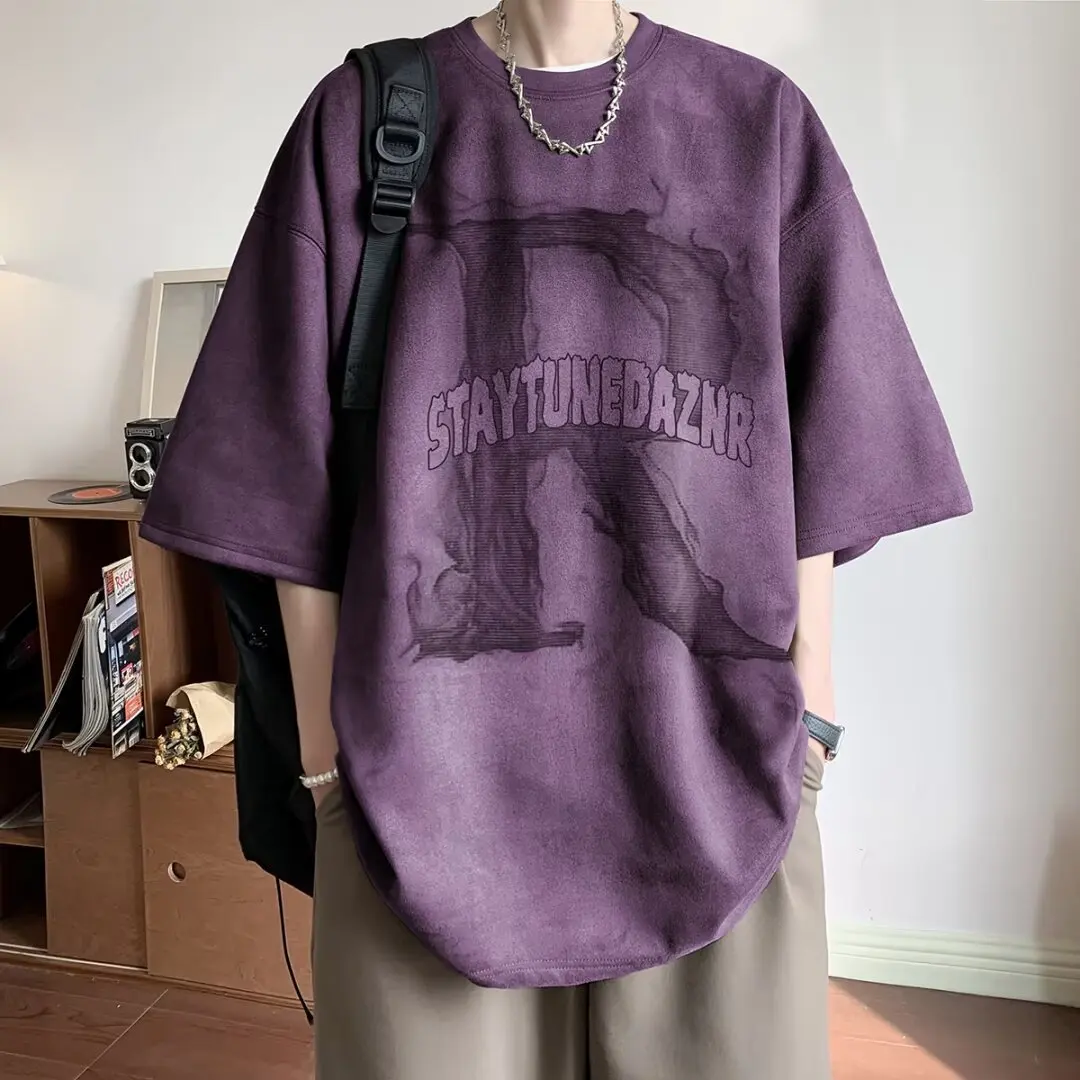 

New Hong Kong Style Summer Casual Loose Comfortable Heavyweight Craft Foam Suede Short-sleeved T-shirt Men's Hundred Home Wear
