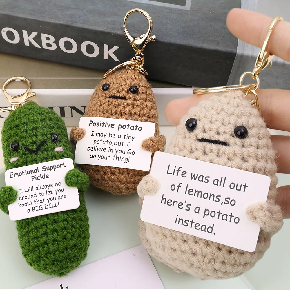 Handmade Positive Potato Keychain Cute Energy Toy Patata Cucumber Hugging Card Wool Crochet Doll Bag Pendant Inspired Key Chains