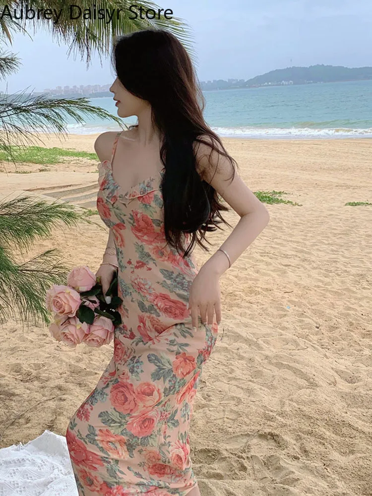 Vestido largo Floral elegante para mujer, vestido de una pieza coreano para fiesta en la playa, vestido Sexy informal de gasa con tirantes finos para verano 2022