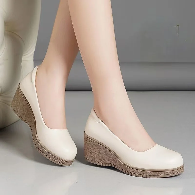 

Women Leather Shallow Wedges Shoes Thick sole Non Slip Spring Autumn New Round Toe Slip On High Heel Nude Shoes Modern Shoes