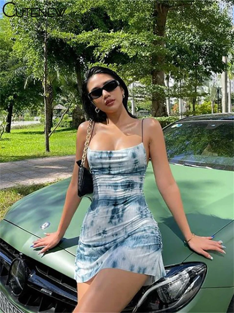 Cutenew Sexy Backless Printing A-Line Strap Mini Dress Women Summer Casual Stretch Wild Basic Drawstring Lady Dresses Streetwear