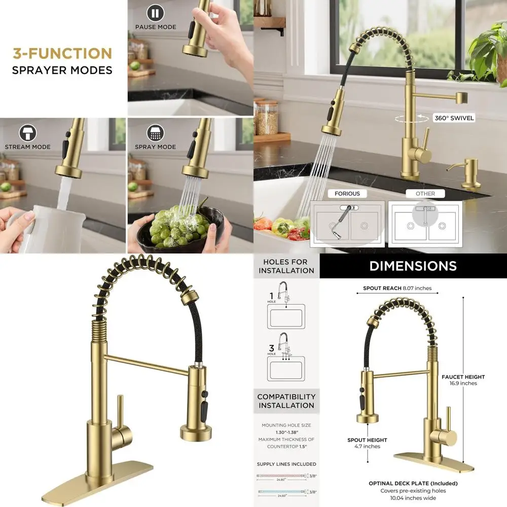 

Gold Stainless Steel Single Handle Pull-Out Kitchen Faucet with Sprayer for Marine, Boat Deck, Laundry, and RV Camper Use