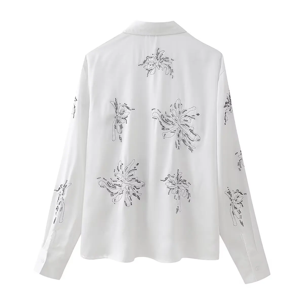 Tangada 2024 Women White Sequined Shirt Long Sleeve Turn Down Collar Female Beading Tops CE022