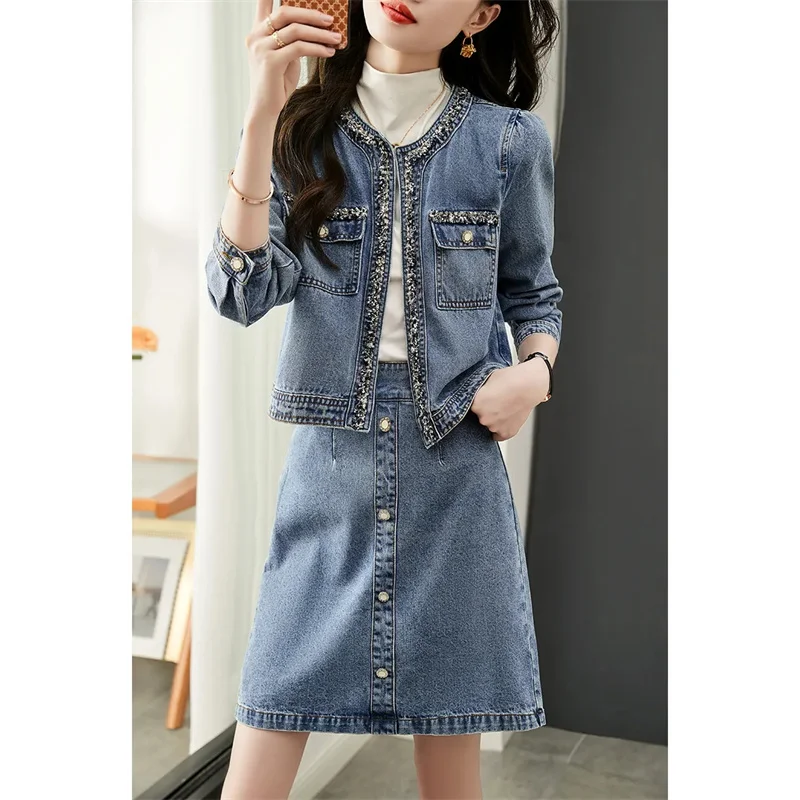 Spring Autumn Ladies Fashion Jeans Two Piece Set Feminine Leisure Cowboy Maxi Skirt 2PCS Korean Women Denim Short Skirts Outfit