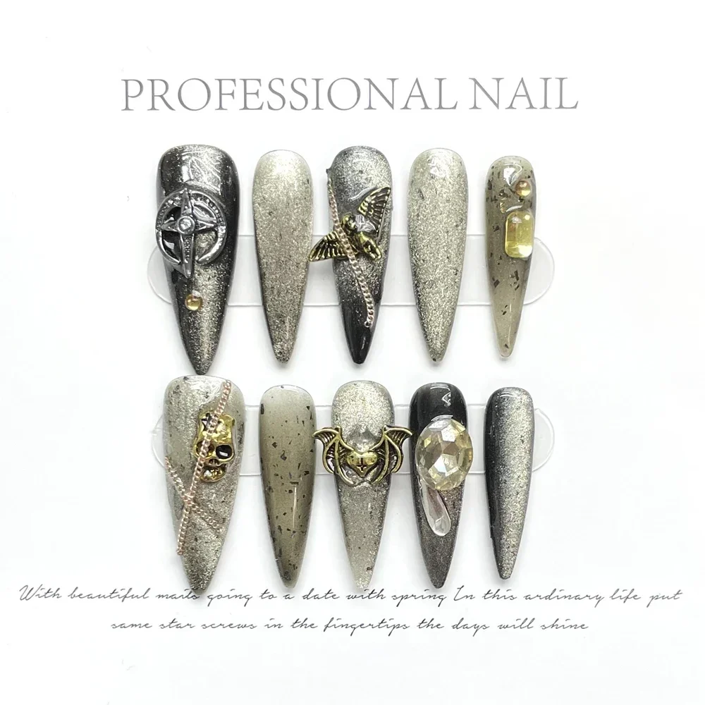 

Handmade Stiletto Y2k Press on Nails Long Metalic Korean with Charms Decoration Reusable Wearable Fake Nails Desired Life Store