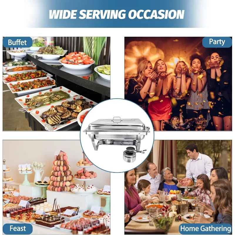 12 Pack Stainless Steel Chafing Dishes 8 Quart Full Size Chafing Dish Buffet Set Silver Rectangular Catering Chafer Warmer