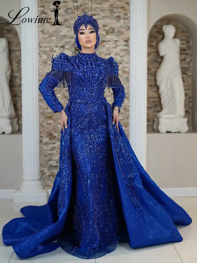 

Sparkly Royal Blue Long Sleeves Evening Dresses with Detachable Train Customized Middle East Muslim Hijab Weddings Party Gowns