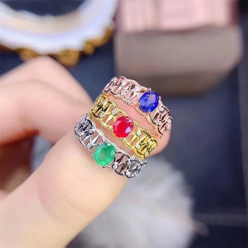 

Natural Ruby Emerald Sapphire Wedding Ring for Women Anniversary S925 Sterling Silver Yellow Gold Jewelry Gift with Certificate
