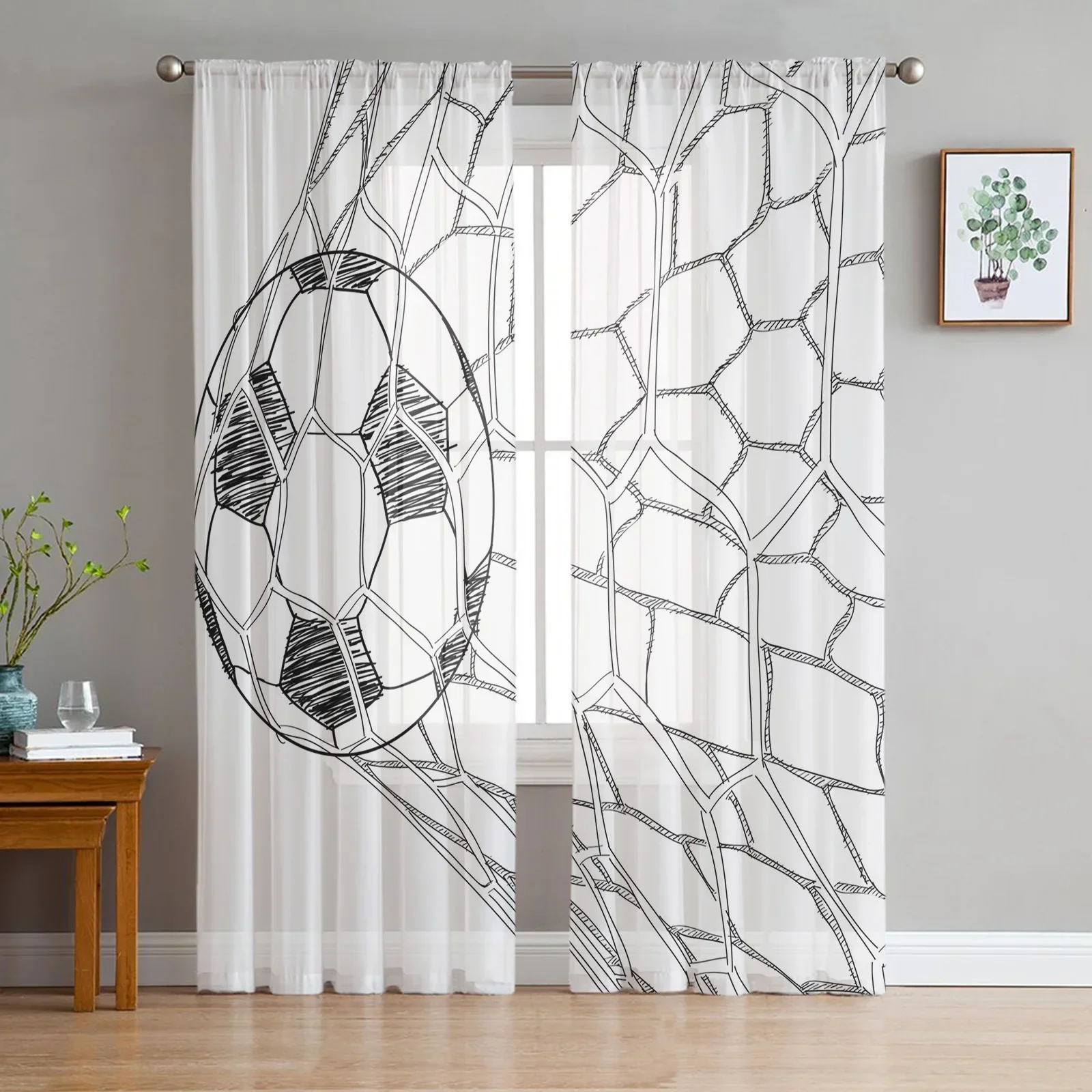 Soccer Football Net Sketch Tulle Sheer Curtains for Living Room Decoration Window Curtain for Bedroom Voile Organza Drapes