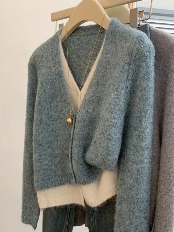 

Korean Blue V-Neck Sweater Women Fake Two Piece Knit Cardigan, Y2K Chic Pullover Blouse Elegant Layered Collar Jacket