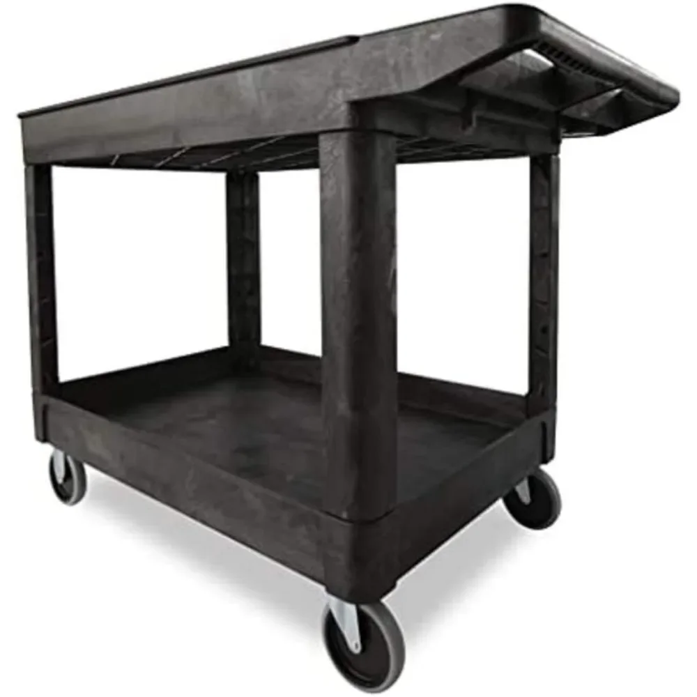 Commercial Products 2-Shelf Utility/Service Cart, Medium, Black, Lipped Shelves, Ergonomic Handle, 500 Lbs. Trolleys