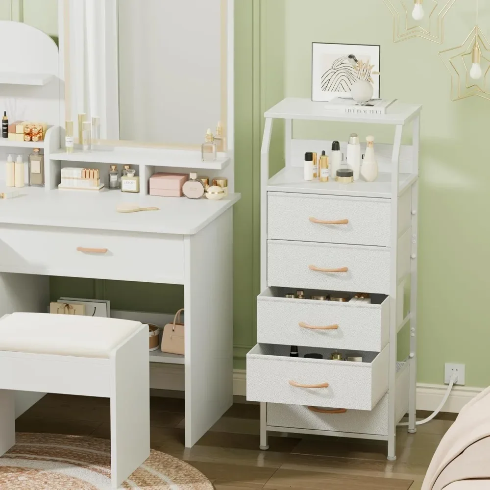 

The bedside table has 5 drawers, a charging station, an open shelf, and a bedroom bedside table, which is simple and modern