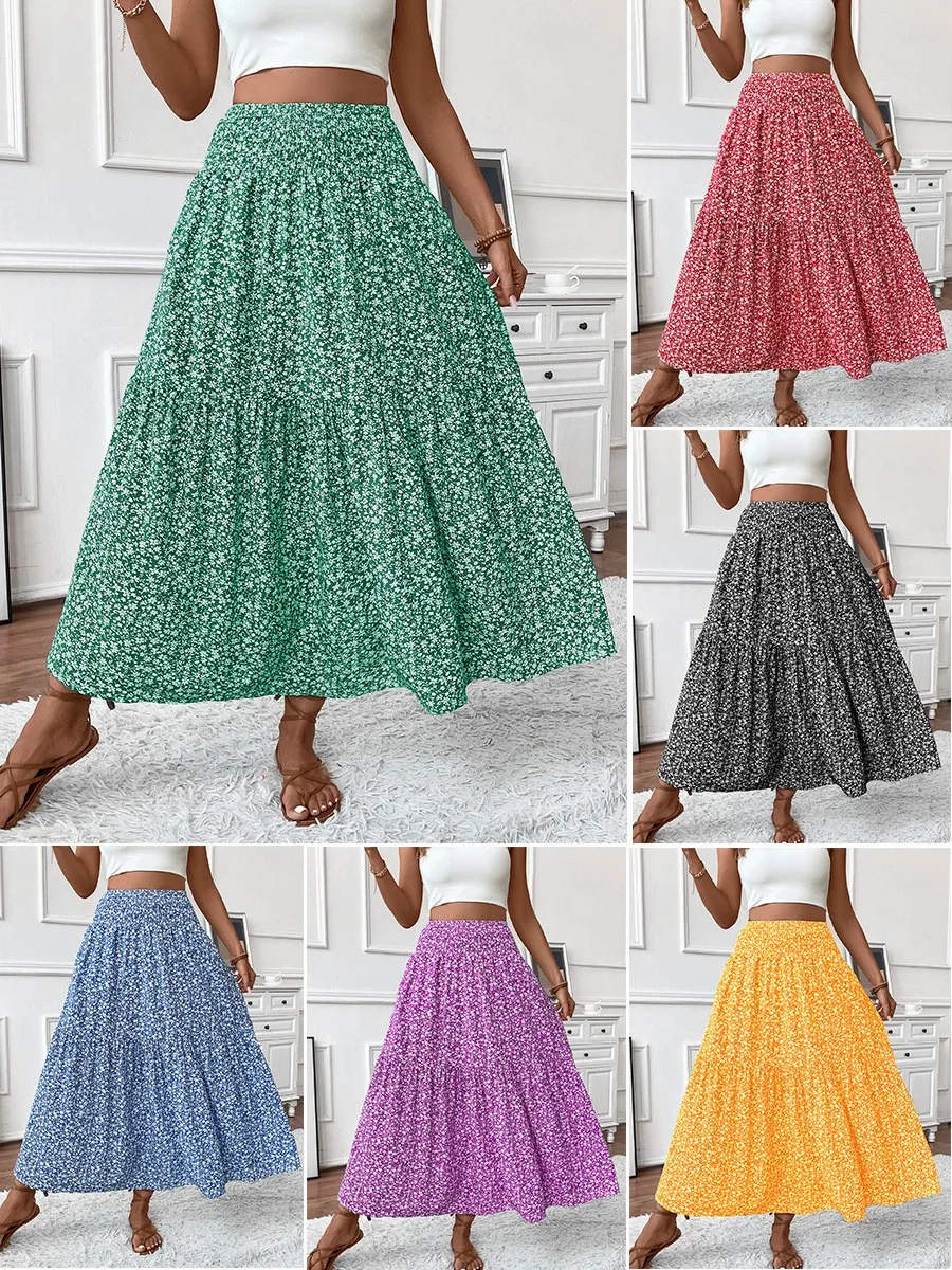 

Летняя женская одежда: длинная юбка с цветочным принтом для женщин, нежный свежий стиль, полиэстер, трехслойная многоярусная макси-юбка с пышным подолом.