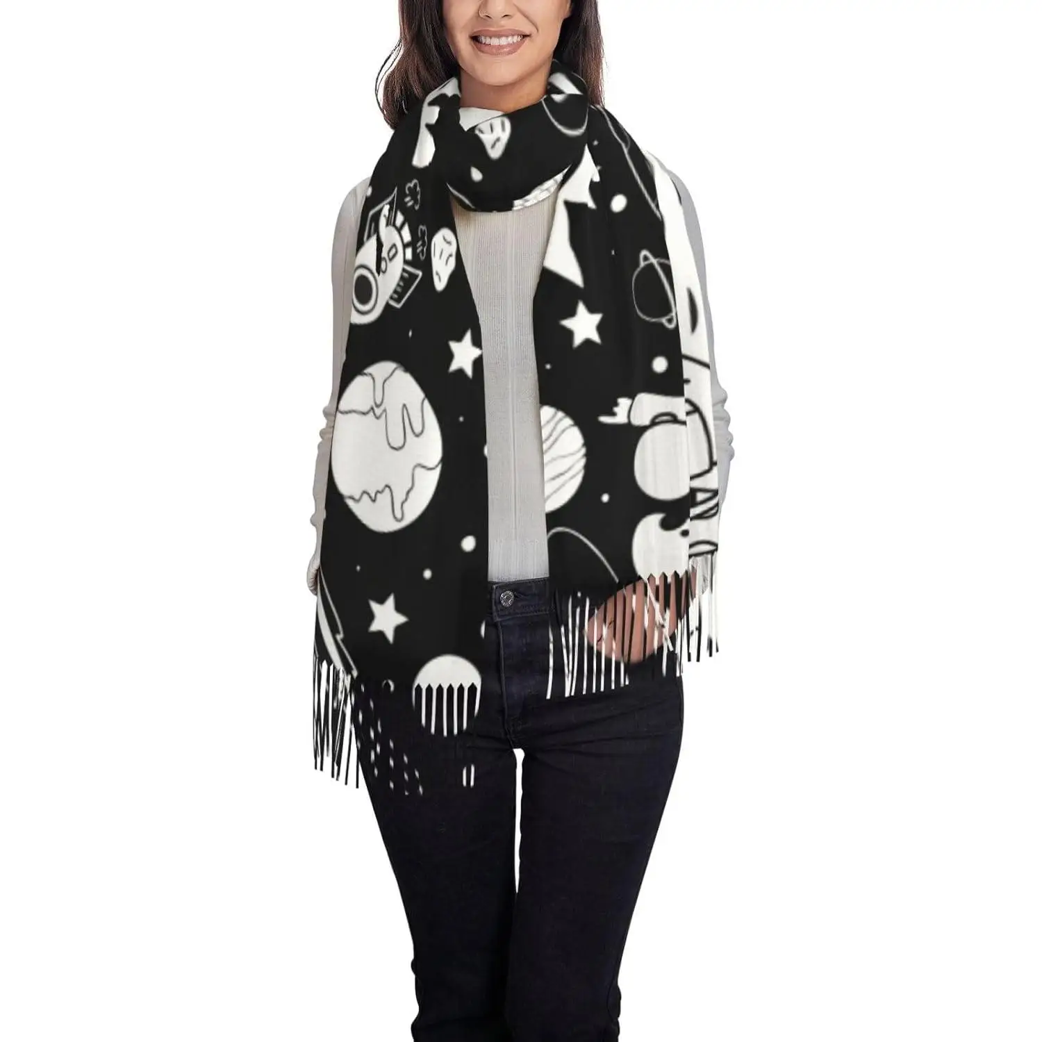 

Шарф с кисточками и принтом астронавта, шаль, женский теплый мягкий подарок на осень-зиму сезона, зимний модный легкий шарф, шаль