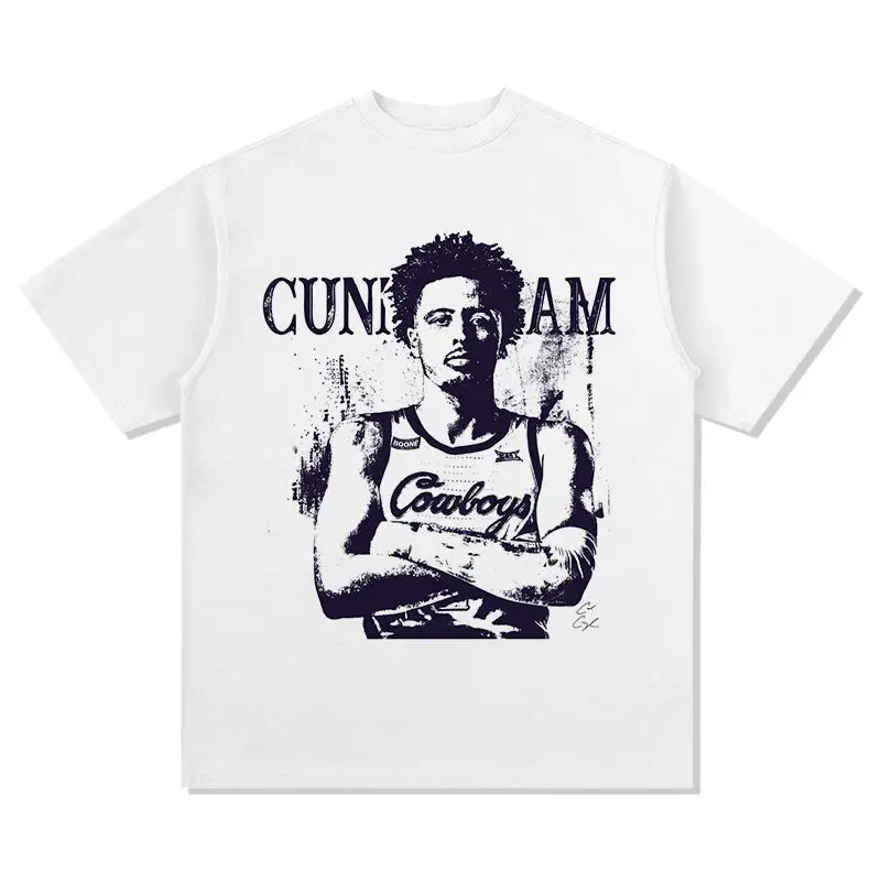 

Heavy Vintage Cotton Short-sleeved T-shirt NBA Star Cunningham American High Street Solid Color Trendy Man