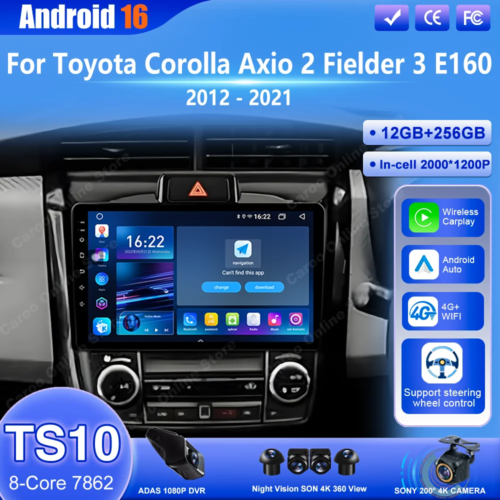 Android 16 Car DVD For Toyota Corolla Axio 2 Fielder 3 E160 2012 - 2021 Auto Carplay Radio Multimedia Video Player Bluetooth 4G