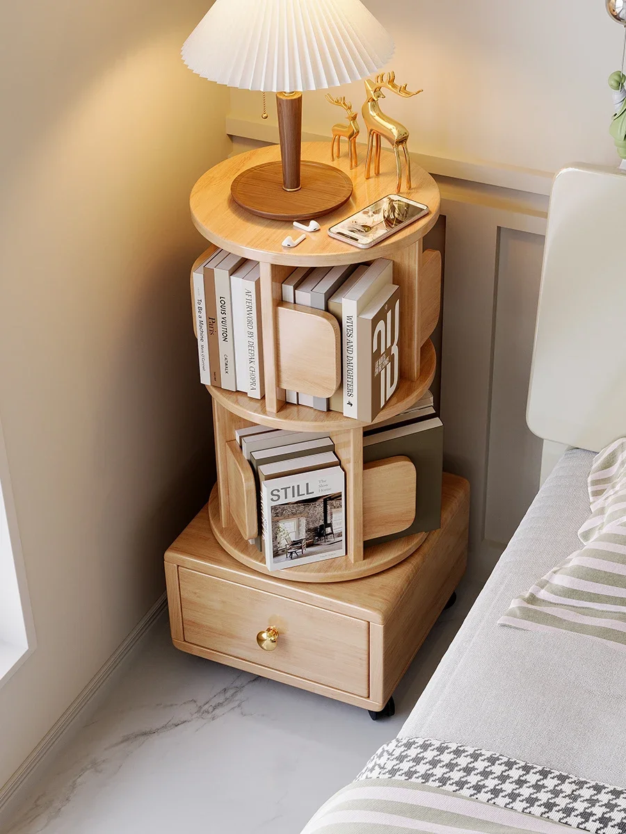 Solid wood rotating small bookshelf moving wheeled bedroom children's bookcase simple bedside table bedside storage shelf