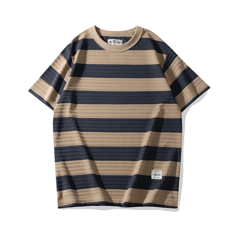 OK4113 Men's Striped Shorts for Summer 280g/m² Good Quality Short Sleeve O-neck Vintage Classical Loose Casual Pullover Tee Male