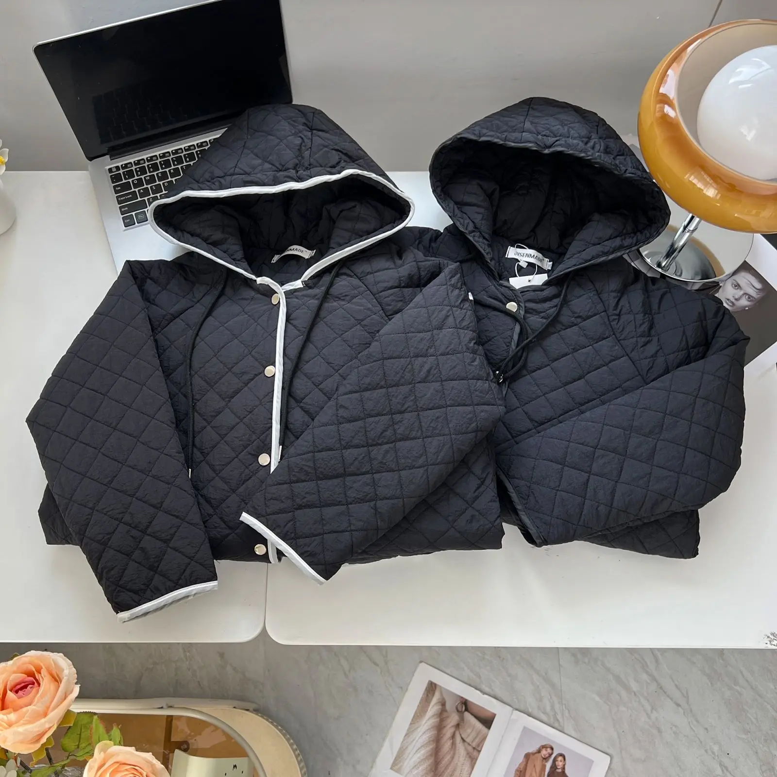 Womens Plus Size Winter Parkas Casual Clothing Block Color Hooded Argyle Padded Jacket Fashion Warm Curve Long Coats S6 5703