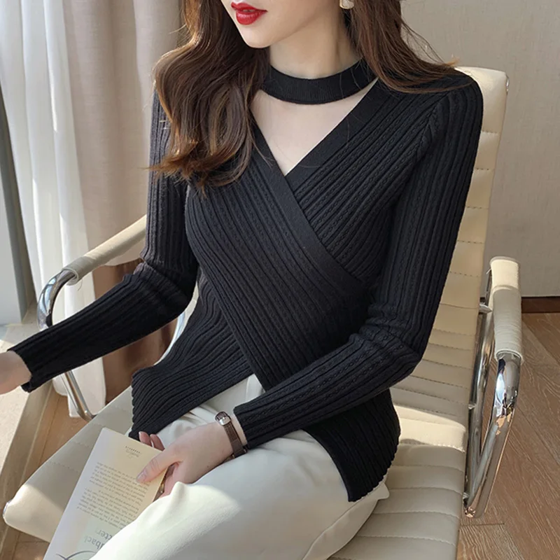 Fashion Autumn Cut Out Sexy Women Knitted Tops 2024 Elegant Long Sleeve Sweater Winter Slim Solid Casual Clothing