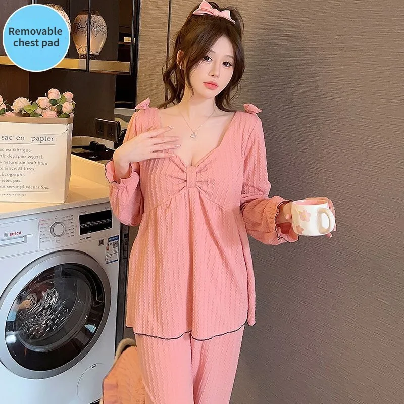 2024 New Spring Autumn Pajamas Women Cotton Long-sleeved Trousers Loungewear Chest Pad Sweet Simple Loose Bow Sleepwear Suit