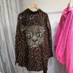 Street Personality Leopard Print Plus Size Women's Blouse Diamonds Stamping Gothic Style Big Size Blouse 2024 Autumn Winter Top