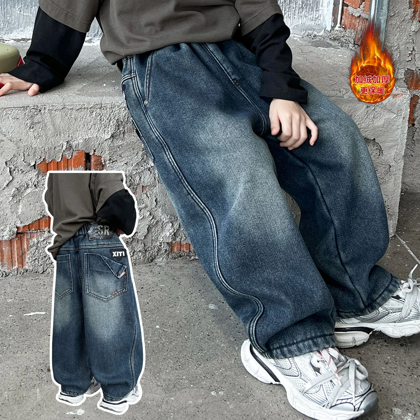 

Children's Retro Jeans Loose Straight Pants Wide Leg Pants for Boys 2025 Autumn Winter Kid's Insulated Denim Pocket Trousers