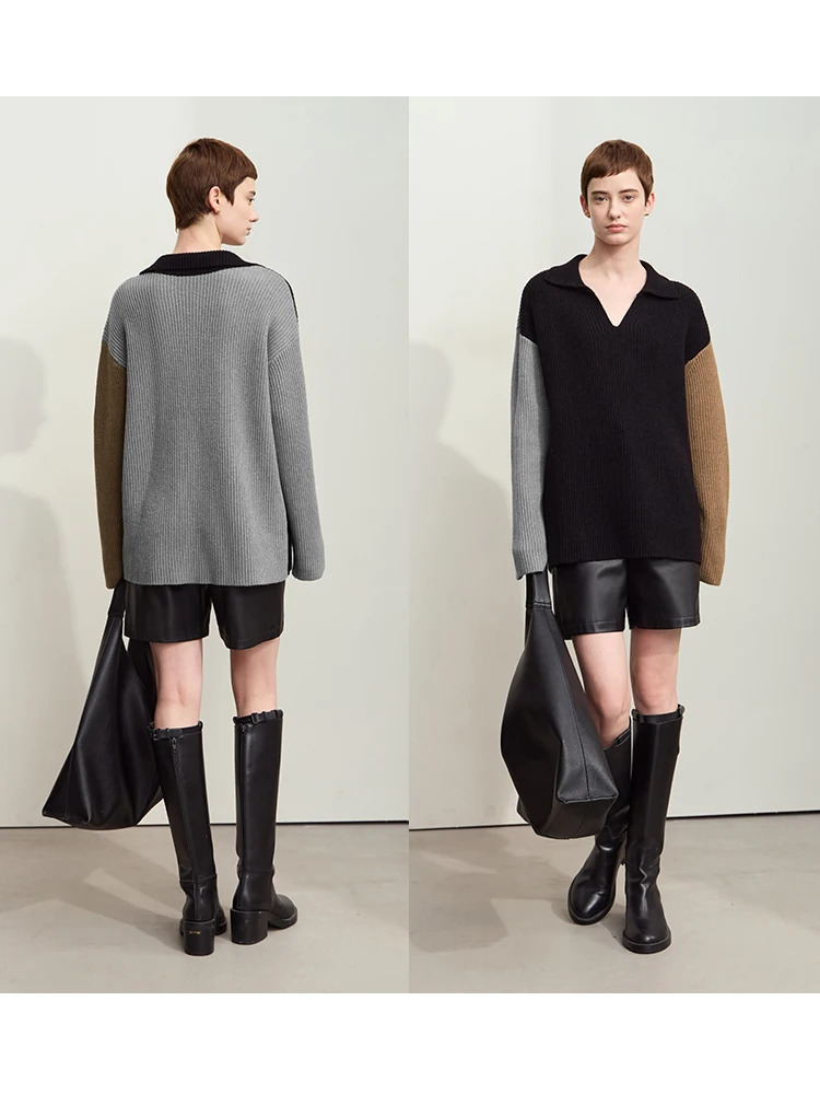 Amii zimowe ubrania damskie 2024 sweter z długim rękawem opadające ramiona dekolt w serek luźne dzianinowe topy Patchwork Office Lady swetry 12444193