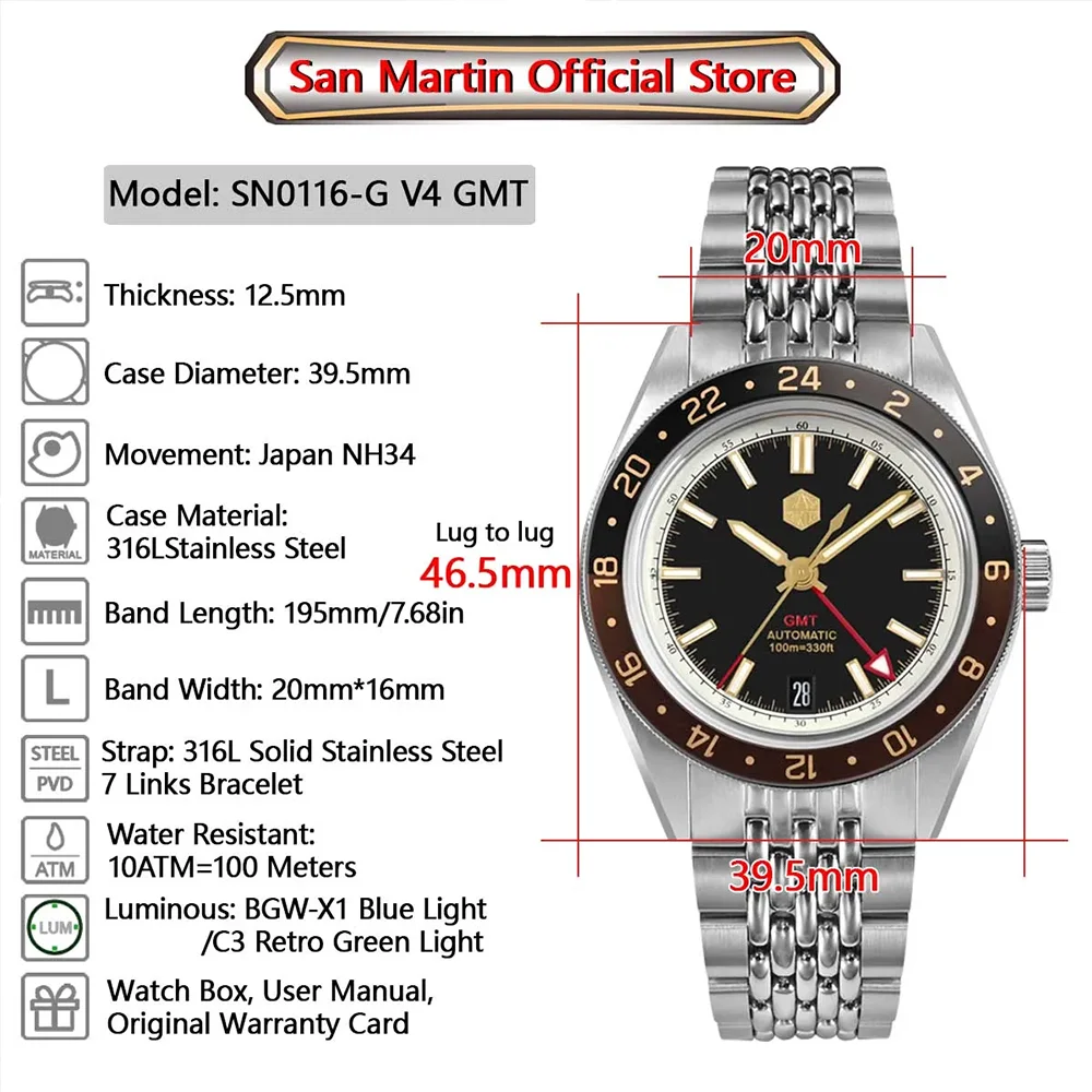 Saint Martin Original 39.5mm NH34 GMT Men Automatic Watch Bidirectional Aluminum Bezel Luxury Mechanical Watch 10Bar Luminous