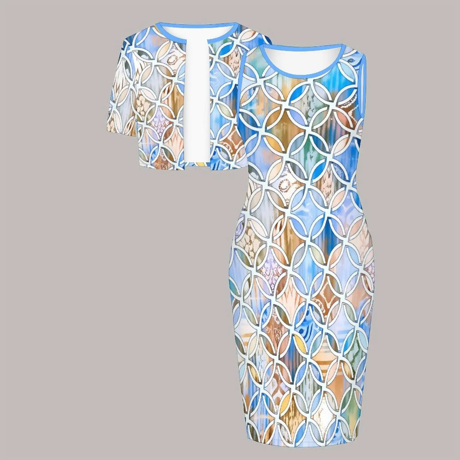 Plus Size 2pcs Women's  Round-necked Tight Skirts Fashion Short-sleeved Coat  Printed Design Two Piece Set Sleeveless Slim Skirt
