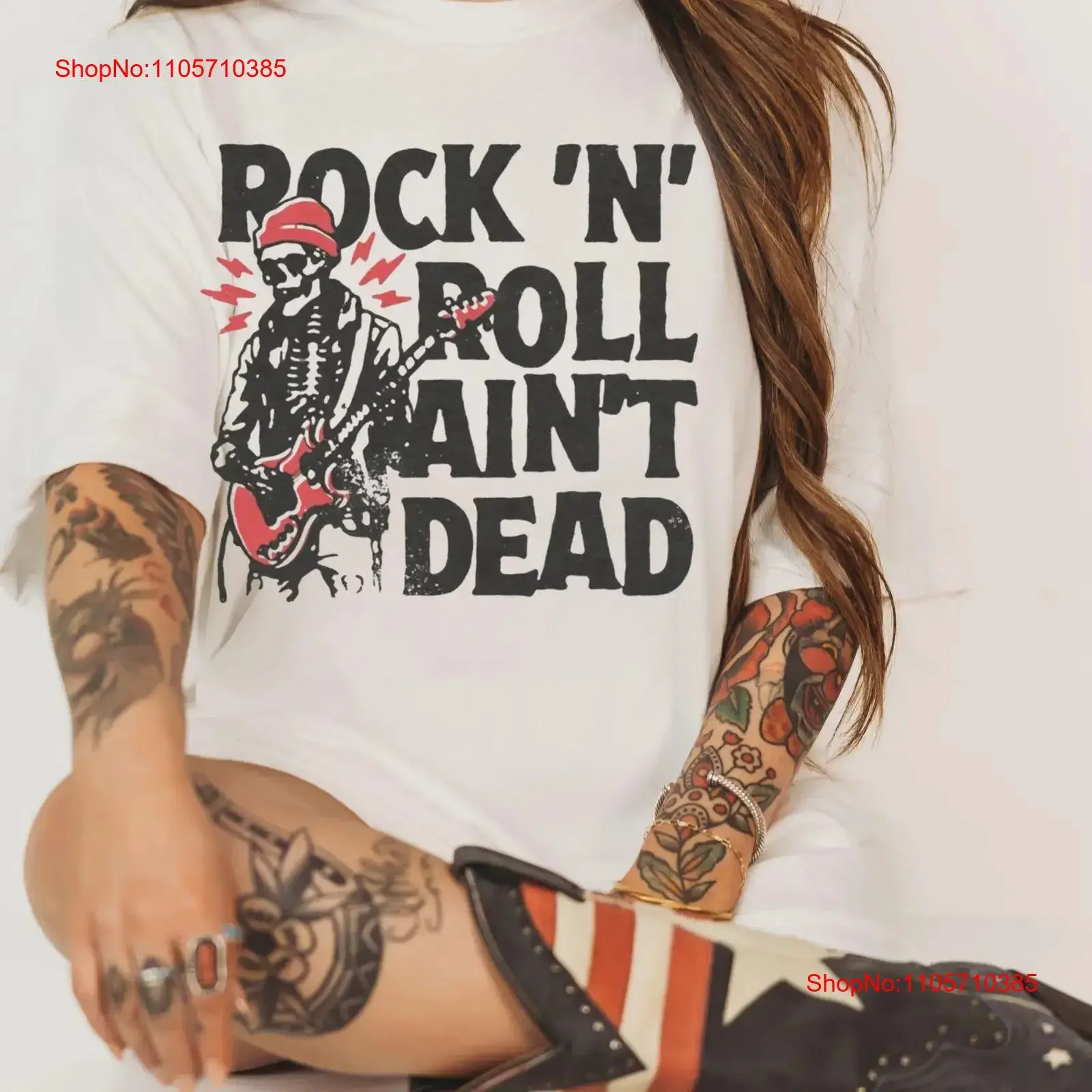 Rock N Roll Aint Dead T Shirt Retro Vintage Grunge Style Skeleton Playing Electric Guitar Heavy Metal Punk For Music Festival
