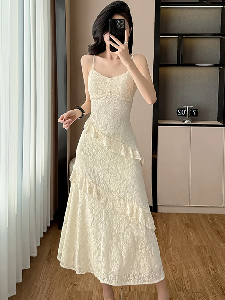 ผู้หญิงลูกไม้ Jacquard Chic Ruffled ชุดยาวฤดูร้อนสบายๆสลิงเซ็กซี่ชุด 2025 เกาหลีแฟชั่น Bodycon Party Dress